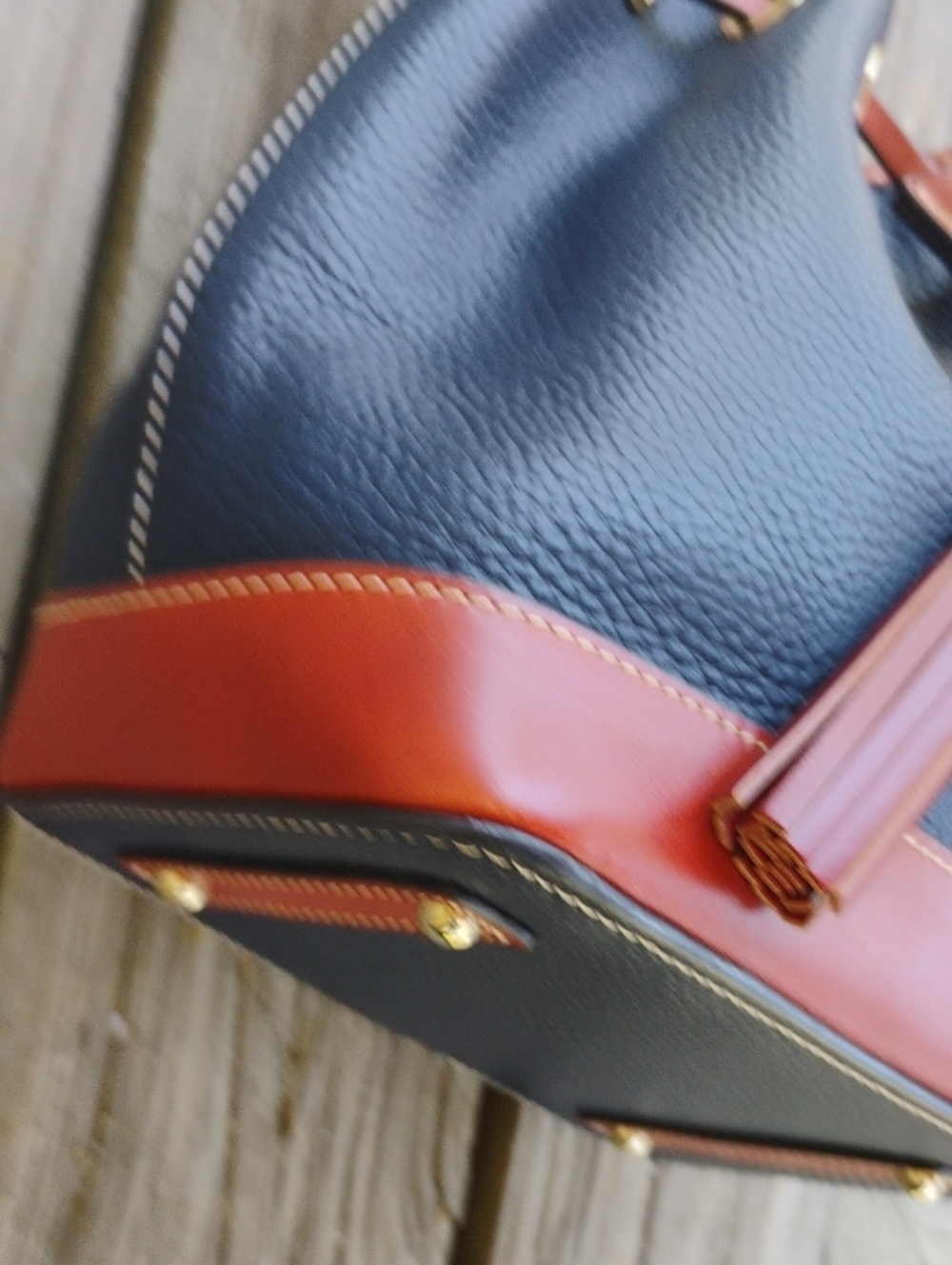 Dooney & Bourke Navy and Tan Pebble Leather Drawstring Bucket Shoulder Bag - Picture 4 of 10
